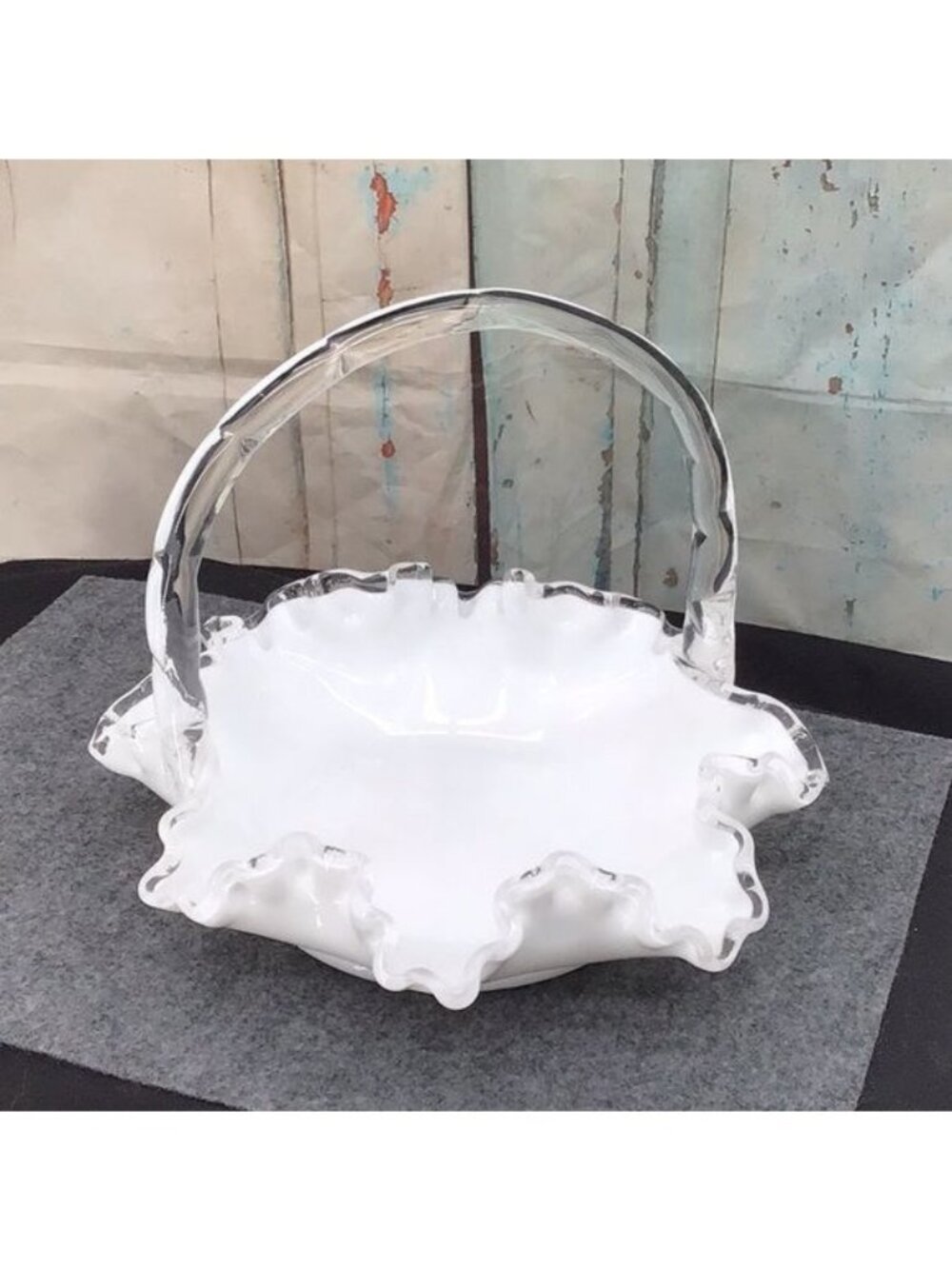 Fenton White Milk Glass Ruffled Edge Basket Clear Crest and Glass Handle 10 In